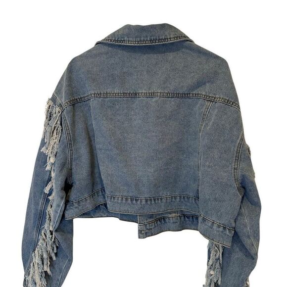 Shein Curve Fringe Sleeve Denim Jacket Blue Size 2XL - Picture 4 of 4